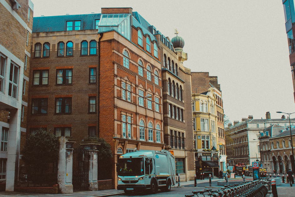 A straight, wide gravel pathway lined on both sides by large, neatly trimmed, dark green conical and rounded bushes leading towards a classical red-brick building with large white-framed windows and a